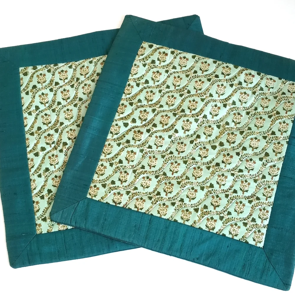 Set of 2 Silk Vintage Teal Trimmed Cream Floral Quilted 15”x 15” Pillow Shams
